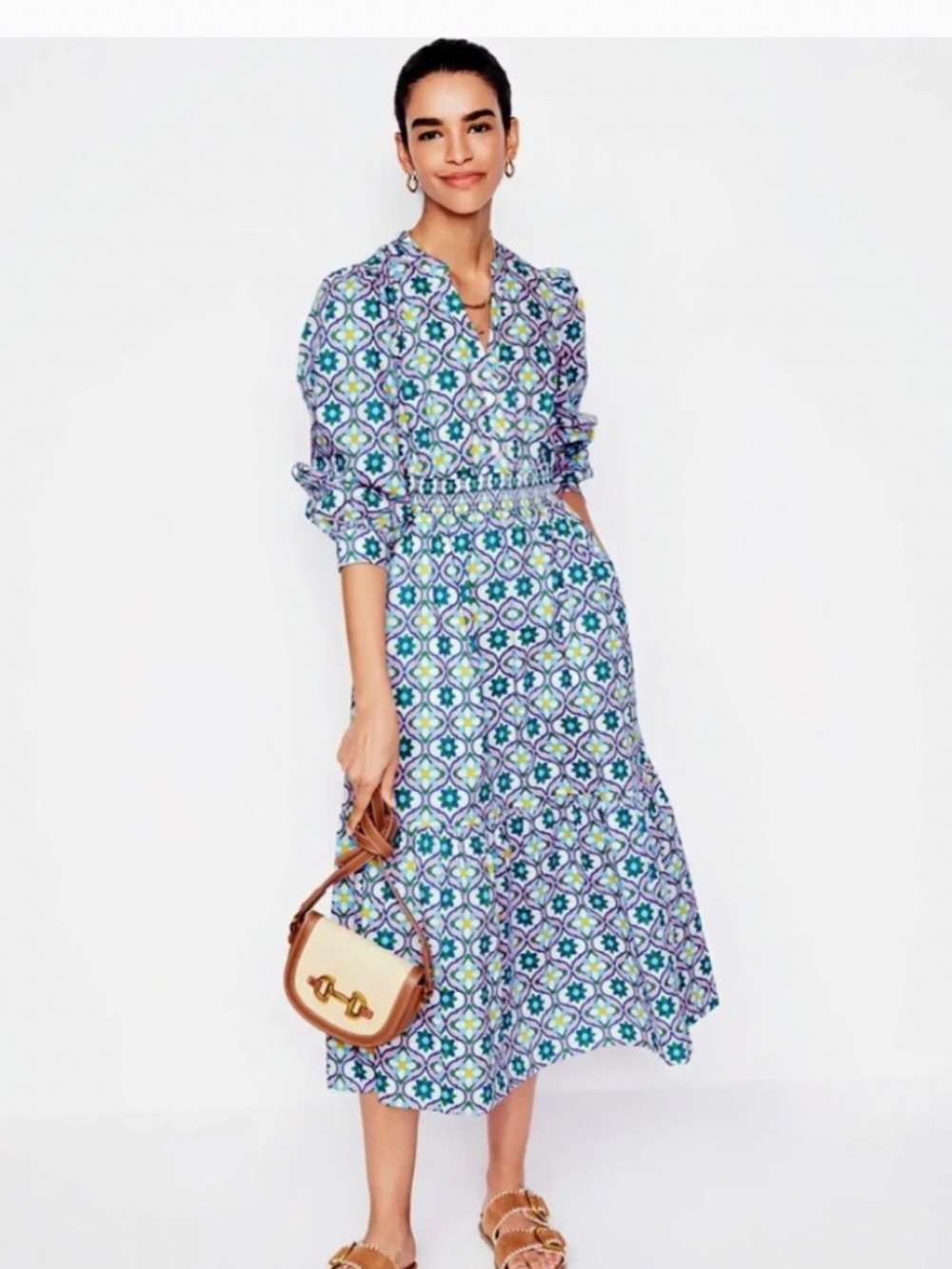 Boden Elena Blue Floweret Tile 100% cotton midi dress